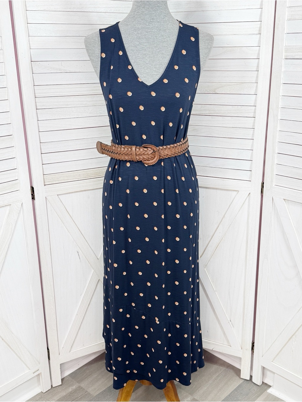 J. Jill Polka Dot Tiered Flounce Hem Sleeveless Knit Midi Dress Blue Tan Small